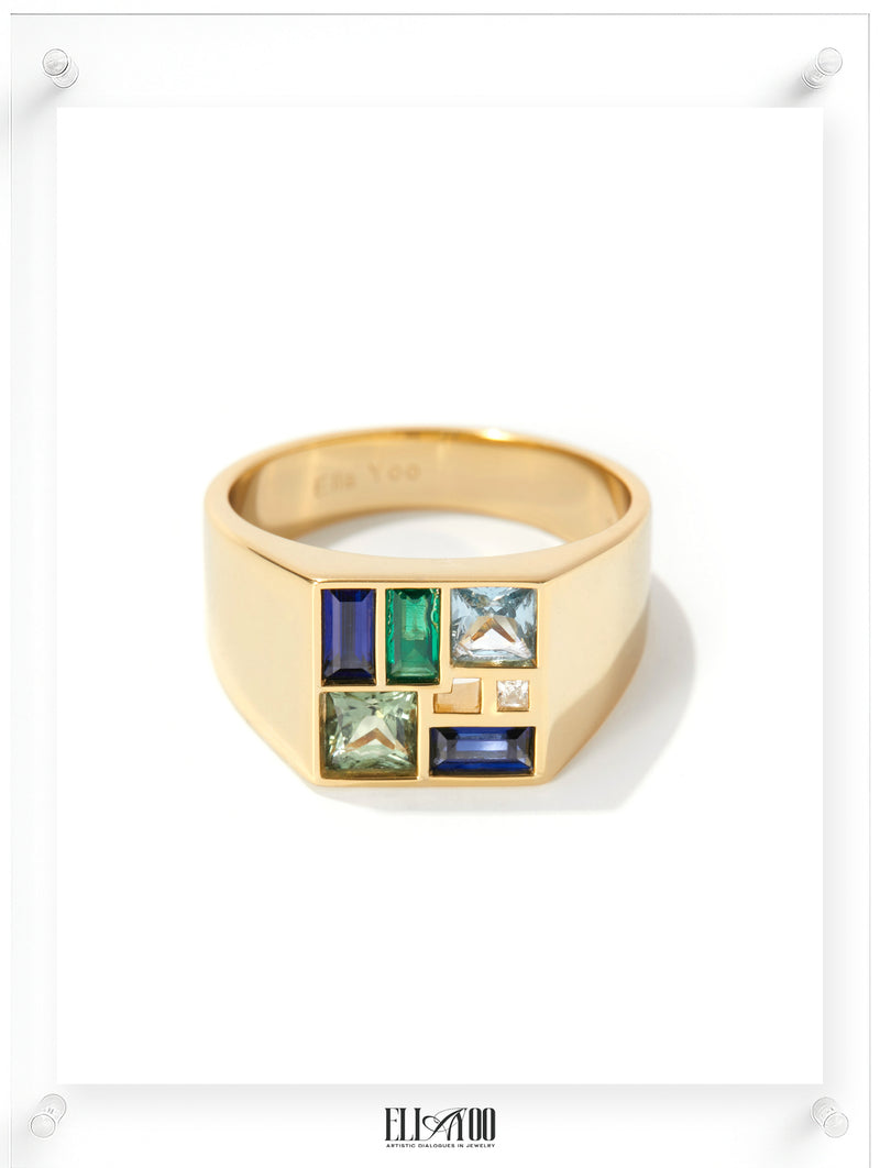 14k Plated Gold Ring with colorful gemstones on a white background