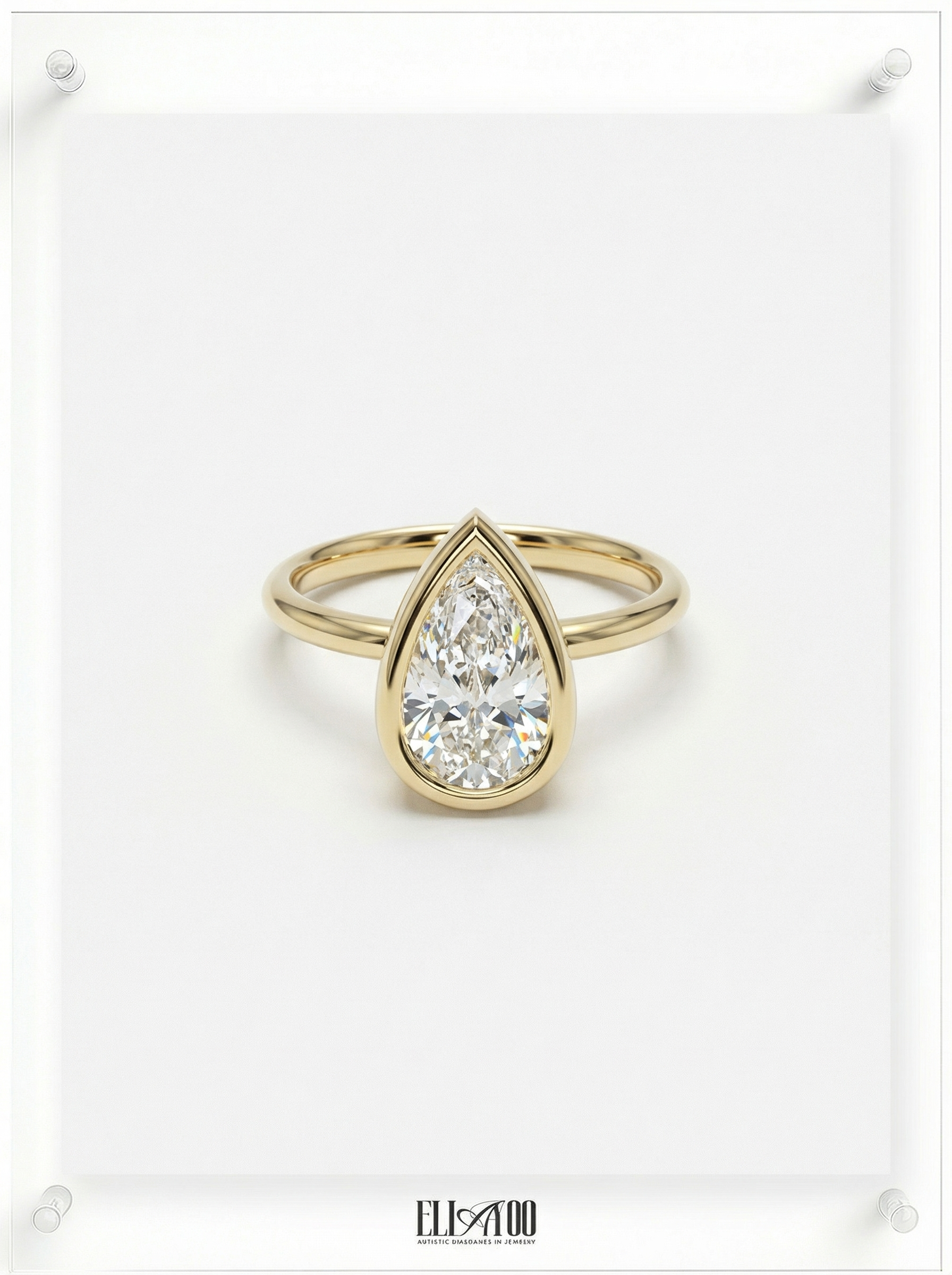 Front view of Pear Cut Diamond Ring with bezel setting featuring initials on the side