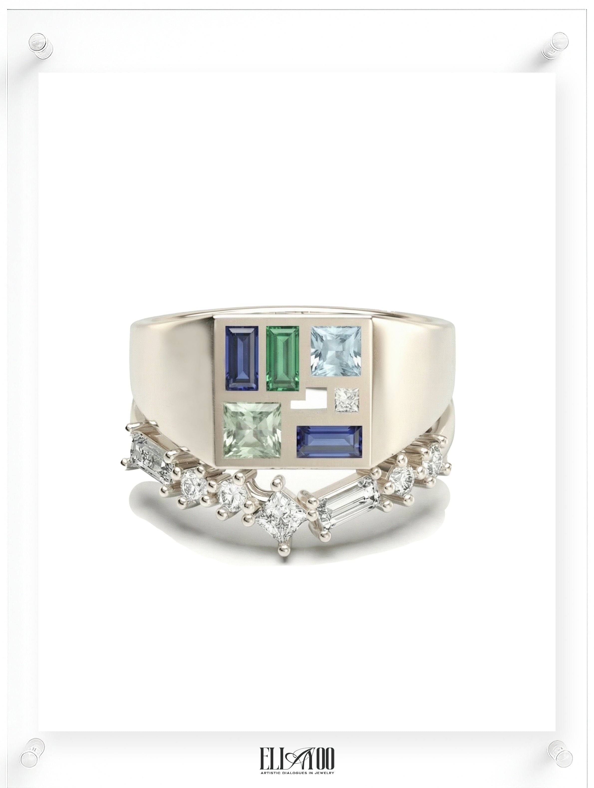 A unique white gold signet ring featuring a mosaic inlay of multi-colored gemstones, paired with a curved diamond wedding band with mixed-cut stones.