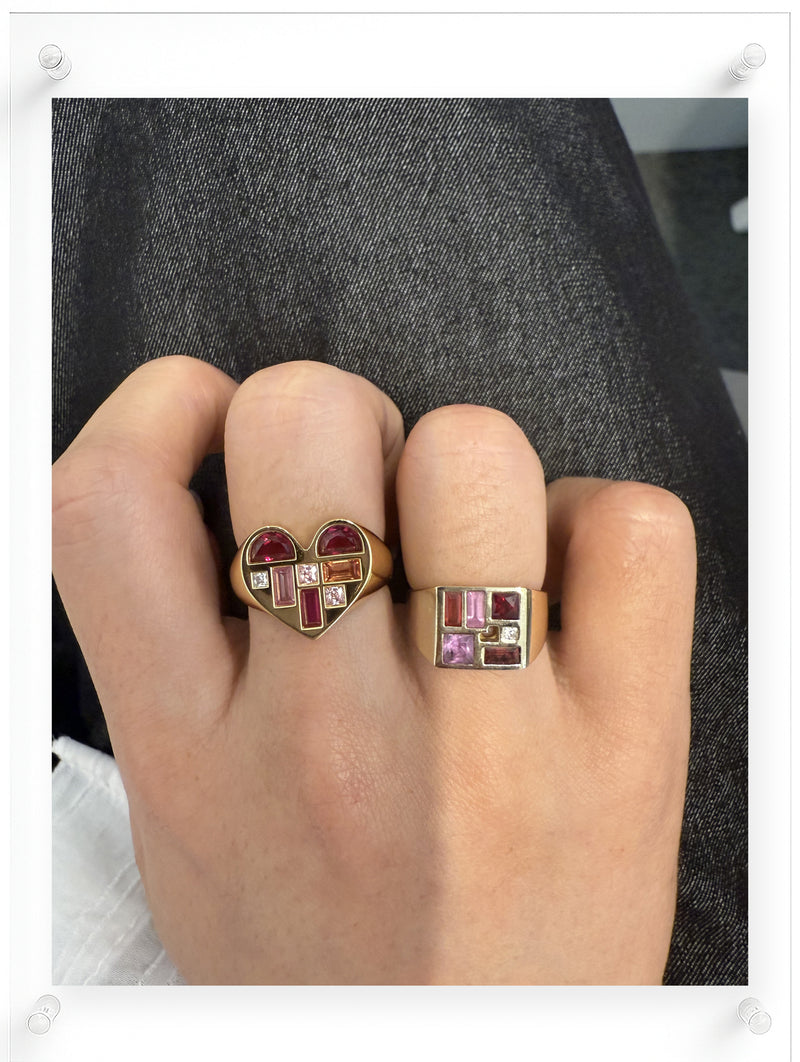 14K Yellow Gold Heart Shaped Ring and Geometric Band Ring with Pink Sapphire and Multicolor Gemstone Accents Worn on Hand by Ella Yoo Jewelry