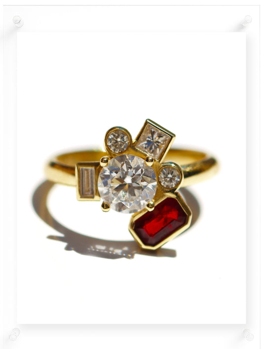 Bauhaus Ruby Flower Diamond & Moissanite Ring