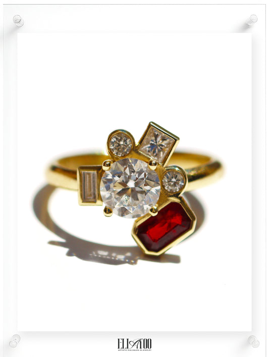 Bauhaus Ruby Flower Diamond Ring