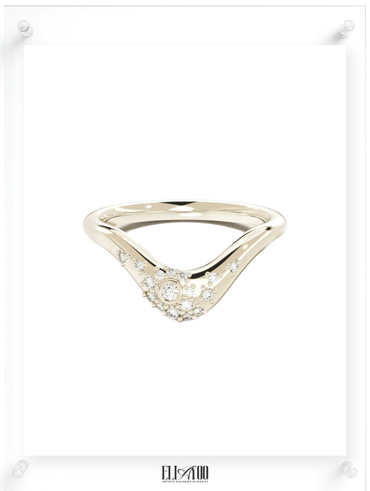 Curved diamond contour band ring in 14k gold with round pavé diamonds