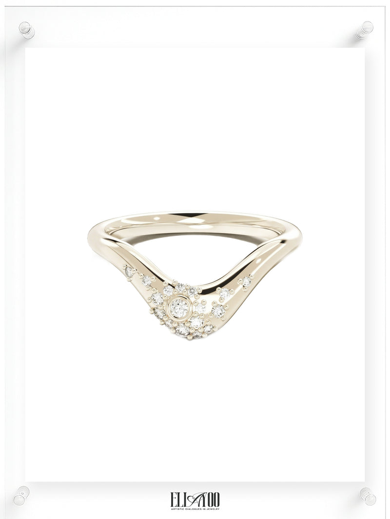 Curved diamond contour band ring in 14k gold with round pavé diamonds