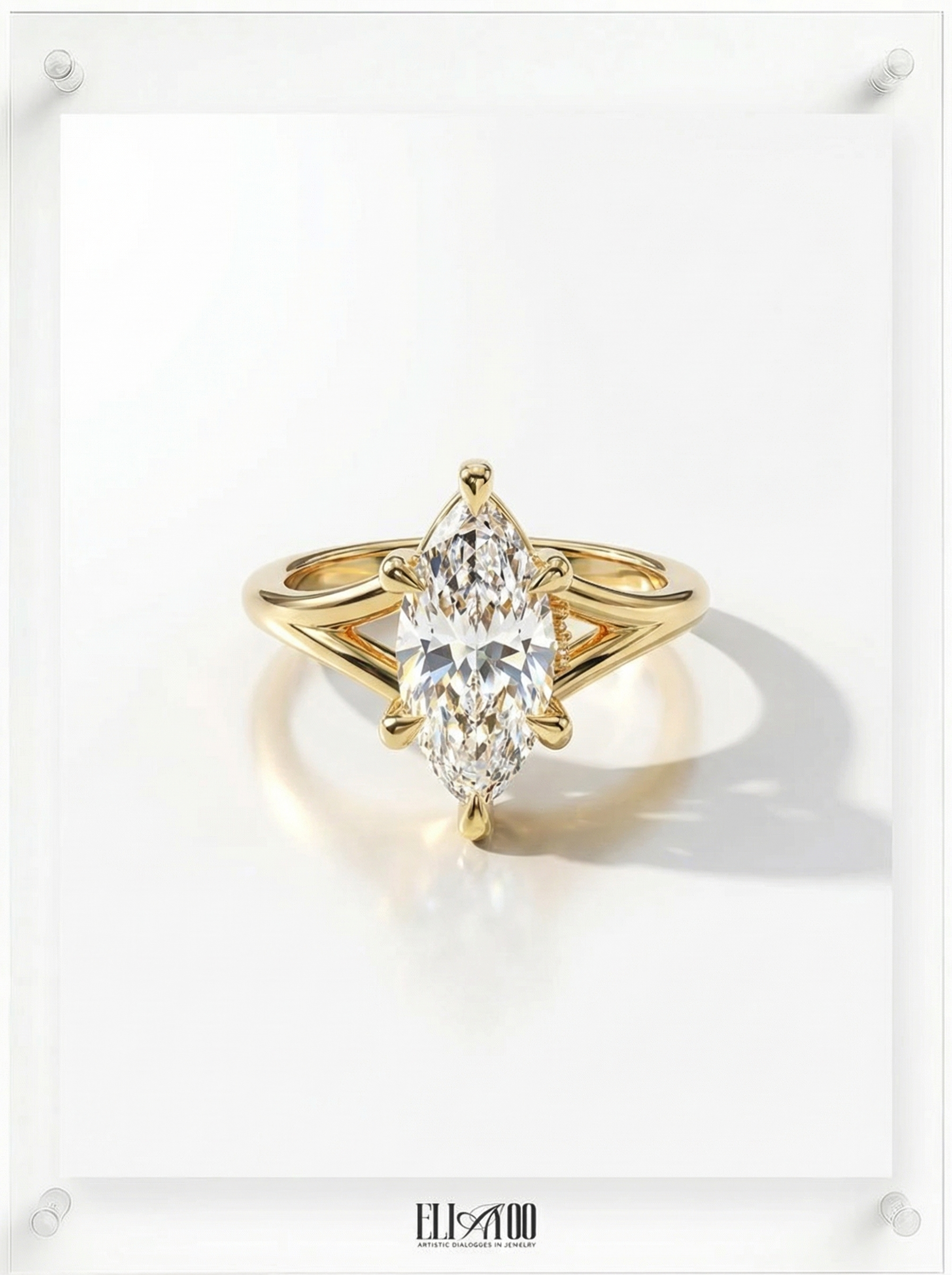 Front view of Marquise Cut Diamond Ring with claw setting featuring initials on the side
