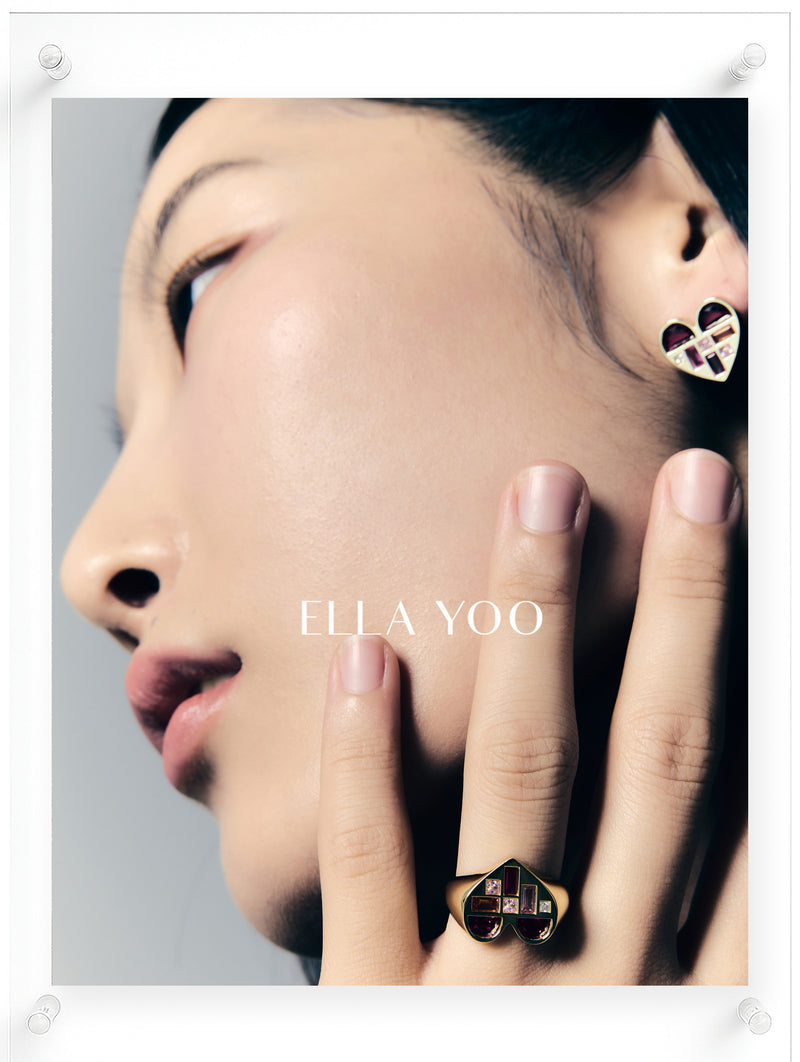 Model wearing 14K Yellow Gold Heart Stud Earrings with Multicolor Gemstones by Ella Yoo Jewelry