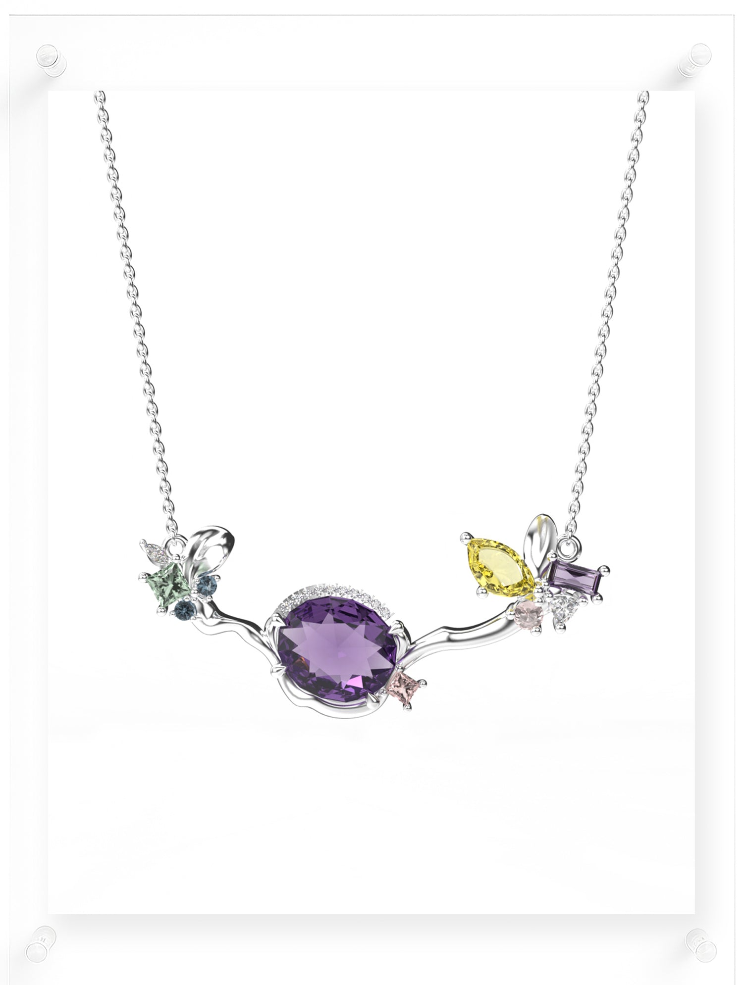 Necklace with purple gemstone and chain on a white background