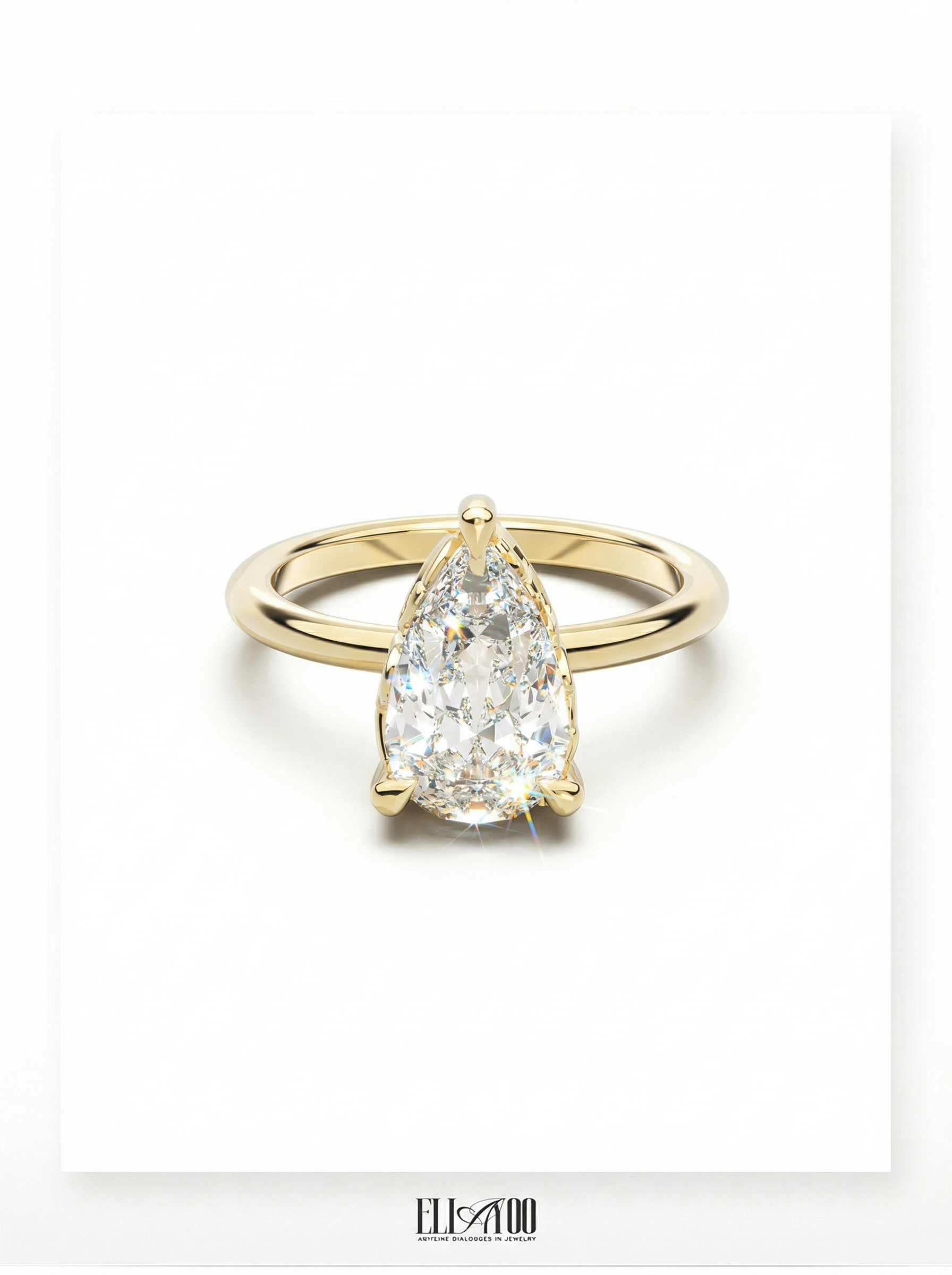 Front view of Pear Cut Diamond Ring with claw setting featuring initials on the side